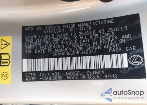 2017 Lexus Es 350 from USA, damaged, VIN 58ABK1GG5HU046377